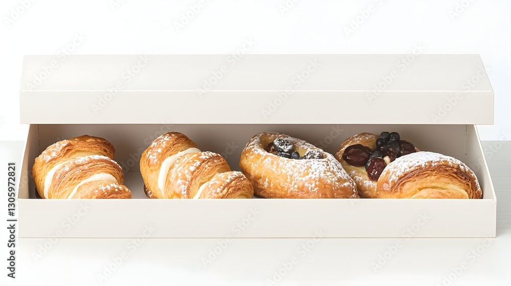 Aufkleber photograph of a matte white pastry box with a foldable design and a clean window cutout unbranded an