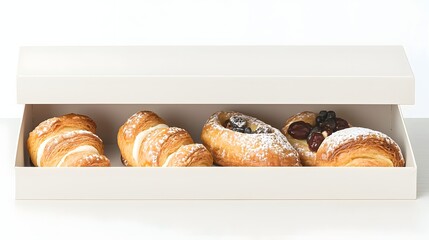 Photograph of a Matte White Pastry Box with a Foldable Design and a Clean Window Cutout Unbranded and Minimalist in Style for Showcasing Baked Goods and Desserts