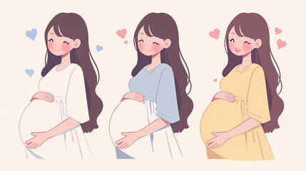 Three joyful illustrations of pregnant women in various outfits, showcasing love and anticipation
