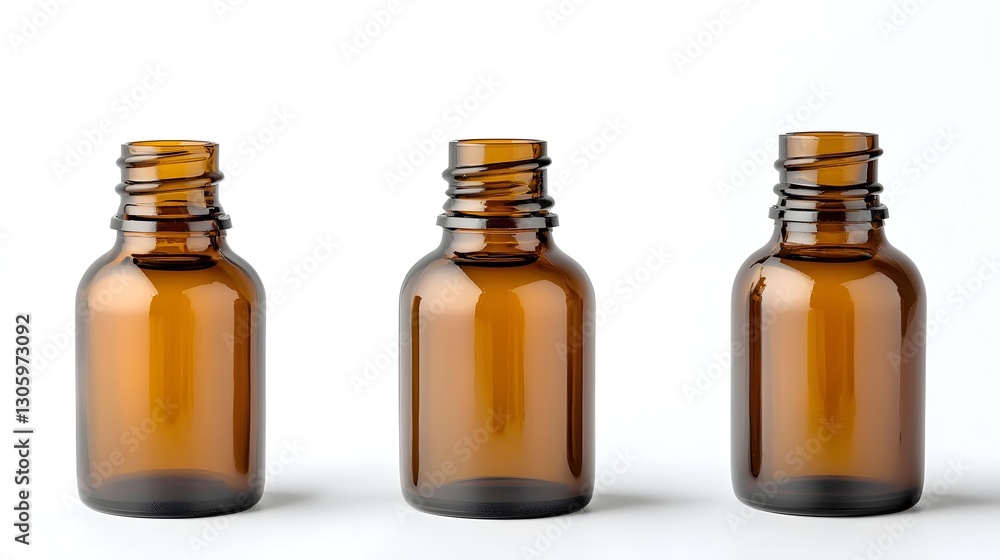 Poster photograph of a round amber glass bottle with a classic apothecary design and no labels  The bottle has a clean minimal and elegant appearance suitable for various product displays mockups
