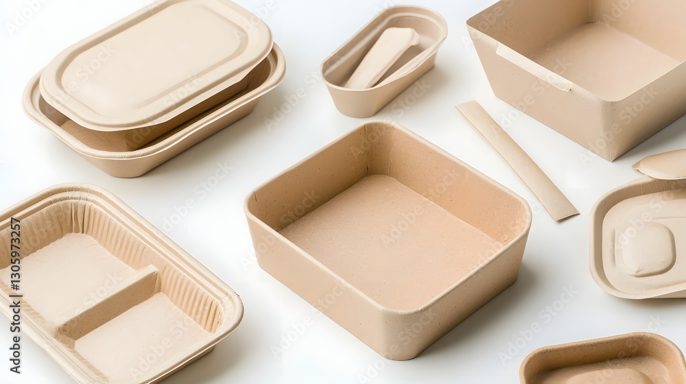 Poster photograph showcasing a biodegradable molded pulp box in soft earthy tones against a clean white stu