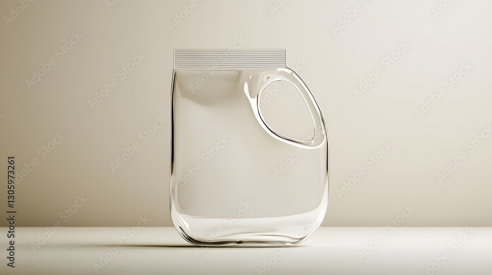 Aufkleber photograph of a transparent refill pouch with a smooth curved spout levitating against a neutral min