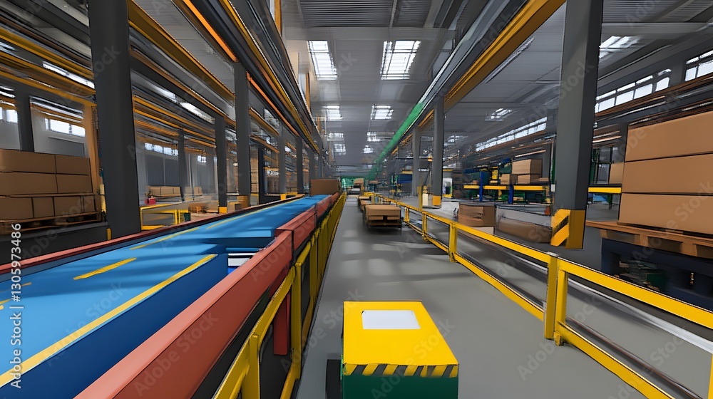 Poster a computer generated image of a factory floor with a conveyor belt and a yellow box. scene is indust