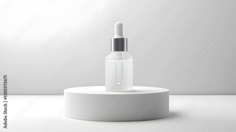 Poster photographic image of a frosted glass serum bottle with a smooth glass dropper and a matte silver to