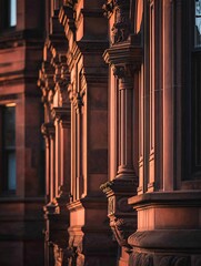Sunset light on ornate brownstone facades; architectural detail; urban scene; design inspiration