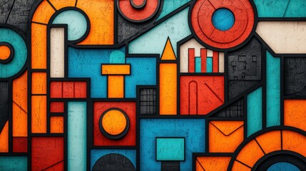 Obraz premium Abstract geometric pattern with circles, squares, and rectangles in orange, blue, red, and black. Modern art background.