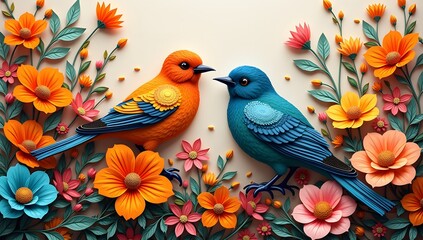 exotic birds, bird illustration, paper cut art, tropical flowers, vibrant colors, digital art, aesthetic design, bird wallpaper, floral background, nature illustration