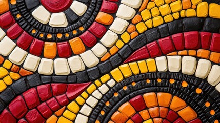 Obraz premium Close up of colorful mosaic pattern with red, yellow, orange, black and white tiles. Decorative background.