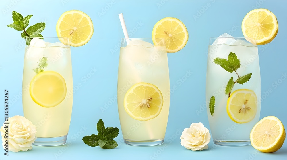 Poster refreshing and flavorful iced lemonade drink with slices of fresh lemon and vibrant mint leaves serv