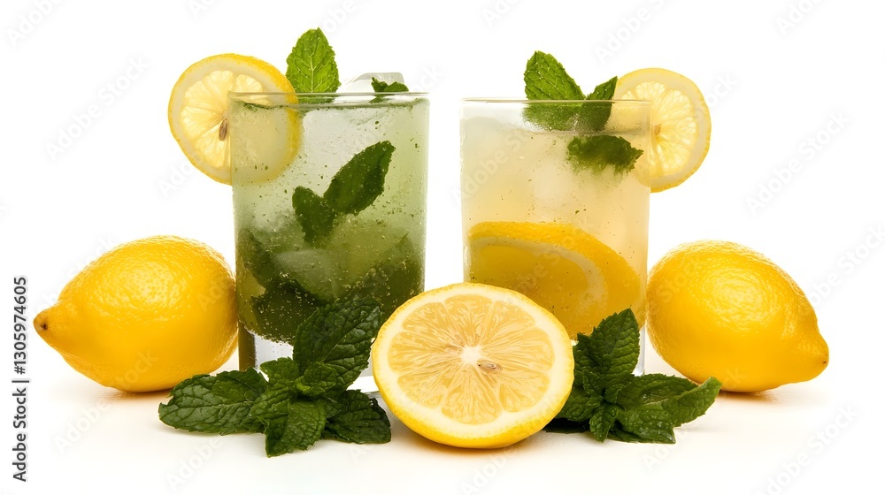 Aufkleber refreshing iced lemonade with vibrant lemon slices and fragrant mint leaves served in a transparent 