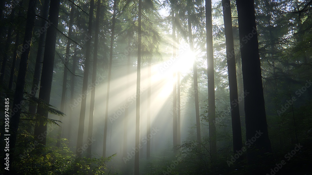 Poster A serene morning scene in a dense forest with sun rays filtering through trees.