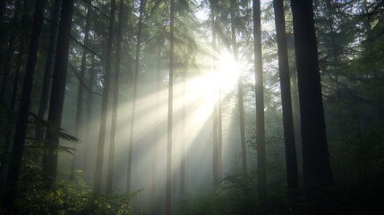Obraz premium A serene morning scene in a dense forest with sun rays filtering through trees.