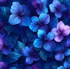 Seamless abstract beautiful purple and blue magical flowers pattern background