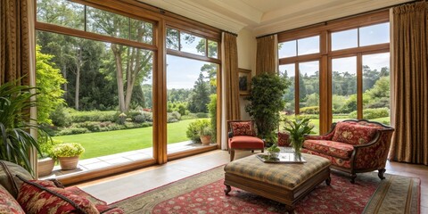 Obraz premium Vintage Luxury Living Room, Green Garden View, Large Windows, Elegant Interior Design, Retro Home Decor