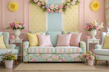 A beautifully decorated living room with spring-themed decor, including floral cushions and pastel colors.