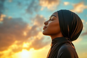 A Black Muslim woman praying, standing on the right side of the frame facing left, looking up at the sky with clouds in the background, in the golden hour light