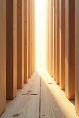 Warm sunlight illuminates a path between tall, slender wooden posts, creating a serene and inviting atmosphere.