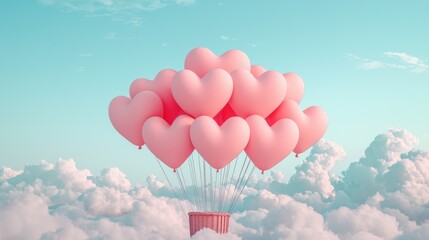 Fototapeta premium Heart shaped balloons in the sky. Concept of love, valentine's day, wedding, and celebration.