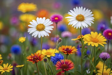 Fototapeta premium A stunning close-up of a wildflower meadow, capturing the intricate details and bright colors of various blooms.