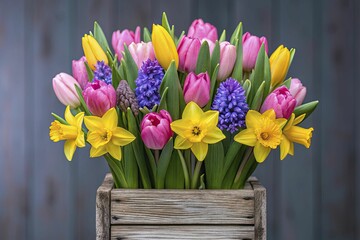 A vibrant spring flower arrangement featuring tulips, daffodils, and hyacinths in a rustic vase.