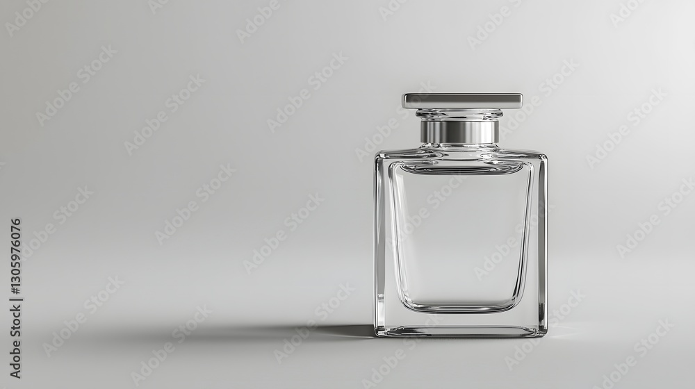 Poster sleek and minimal square shaped glass bottle with flat silver cap a stylish and elegant cosmetic or 