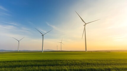 Modern wind turbines stand tall in a lush green field under a sunny sky, showcasing renewable energy's potential.