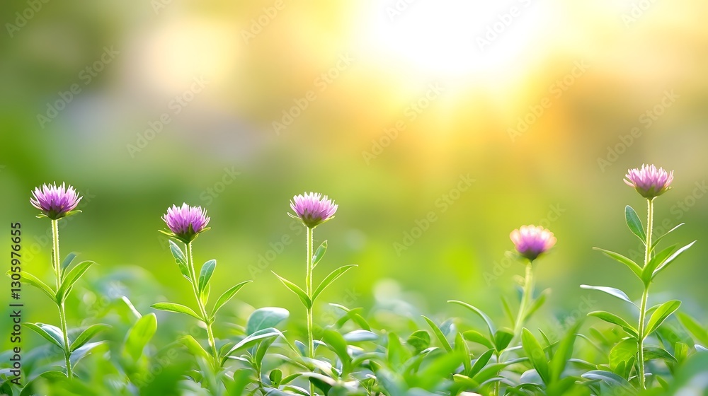 Poster soft focus foreground with sharp detail on thriving lush plants awash in the warm golden glow of the