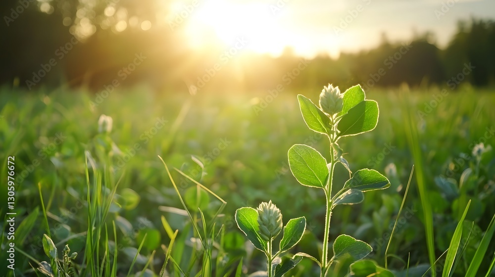 Poster soft focus foreground with sharp detail on thriving plants under golden hour light creating a peacef