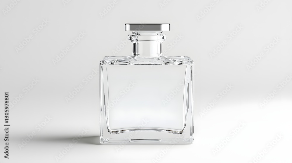 Poster square shaped clear glass bottle with a flat silver cap in a minimal industrial style studio setting