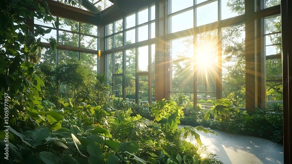 Aufkleber sunburst effect through glass panels illuminating lush verdant greenery from an viewpoint with warm 
