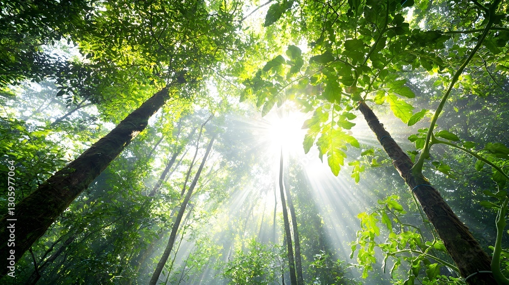 Poster sunlight filtering through lush tomato vines stretching towards the ceiling in an idyllic serene gre