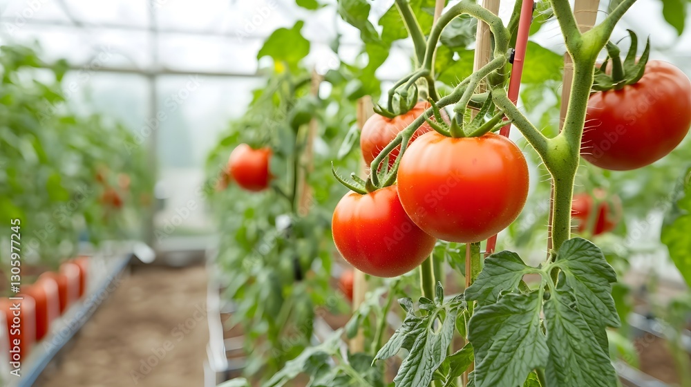 Poster Tomato plants growing vertically in a modern greenhouse with an automated irrigation system in the background