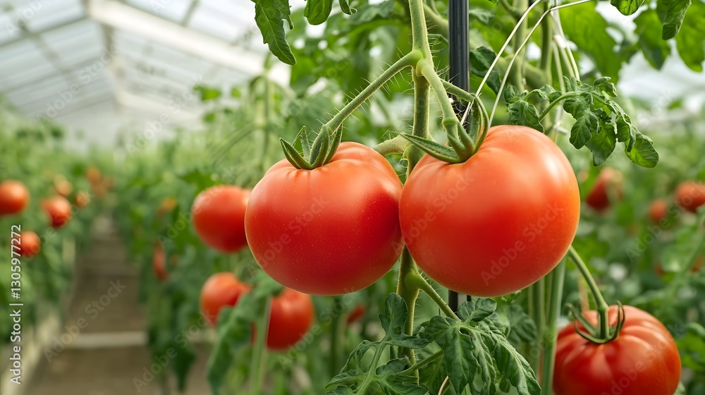 Poster tomato plants thriving in a modern greenhouse with vertical cultivation and advanced automated irrig