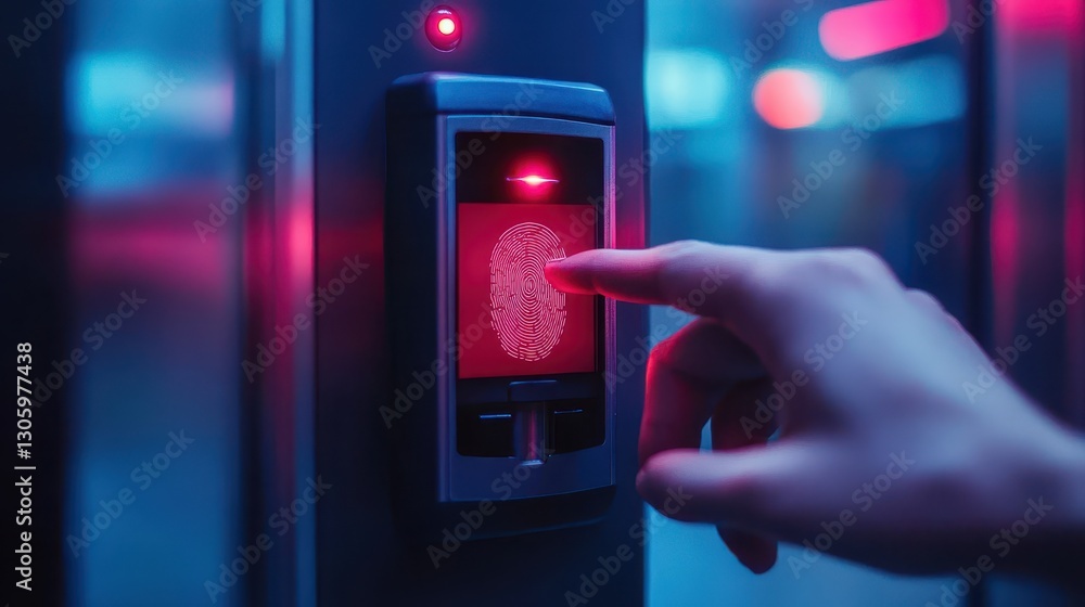 Poster hand scanning fingerprint on digital lock. illustrates secure access control and biometric technolog