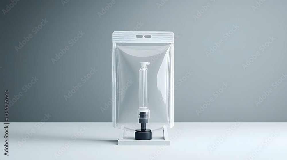 Poster transparent sleek self standing pouch with a gravity fed dispensing valve perfect for presenting and