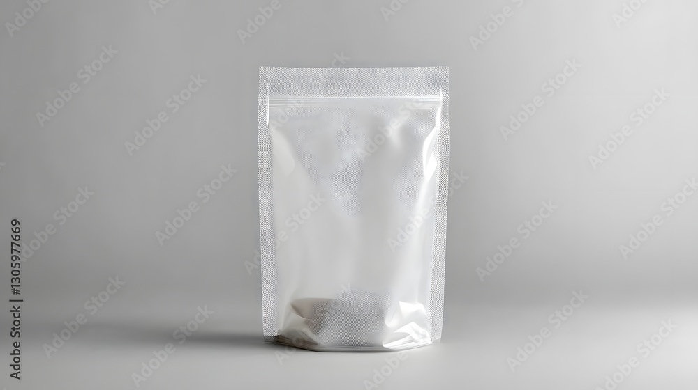 Poster Transparent Stand Up Pouch with Matte Frosted Texture and Clean Minimalist Aesthetic  Simple Product Mockup or Display Template on White Background