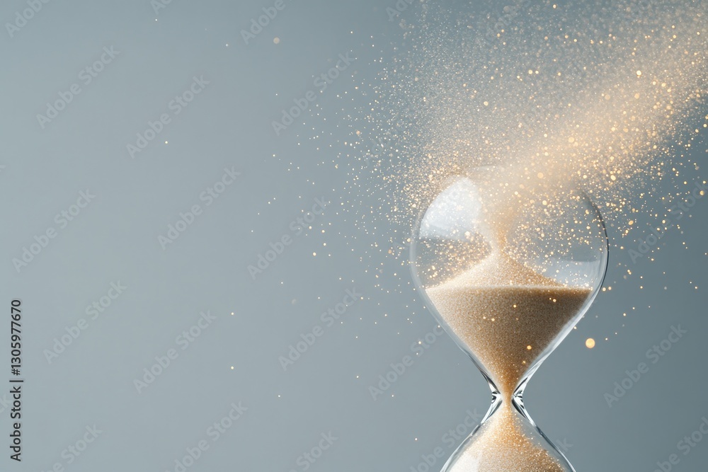 Poster cinematic view of hourglass with its sand transforming into glowing particles dissipating into abstr