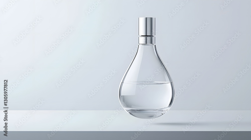 Poster unique teardrop shaped glass bottle with a minimalist silver screw cap floating elegantly on a clean