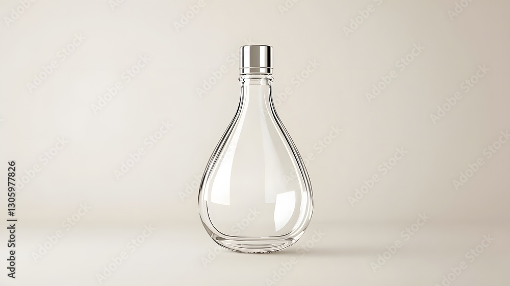 Poster unique teardrop shaped glass bottle with a minimalist silver screw cap floating on a light backgroun