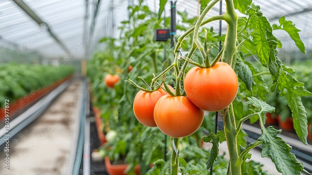 Poster vertical growing of tomato plants in a modern greenhouse environment with automated irrigation and c