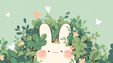 Cute cartoon bunny peeking through lush green foliage with butterflies in a serene background