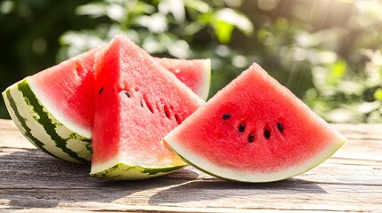 Vibrant red watermelon slices arranged on a rustic wooden table bathed in warm summer sunlight  The juicy refreshing fruit creates a natural healthy and appetizing scene perfect for summer picnics