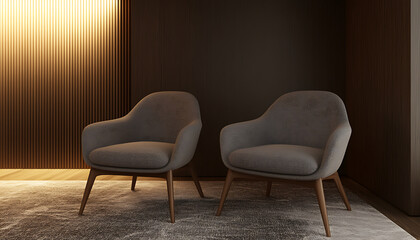 Modern armchairs in cozy interior with warm lighting and wooden accents