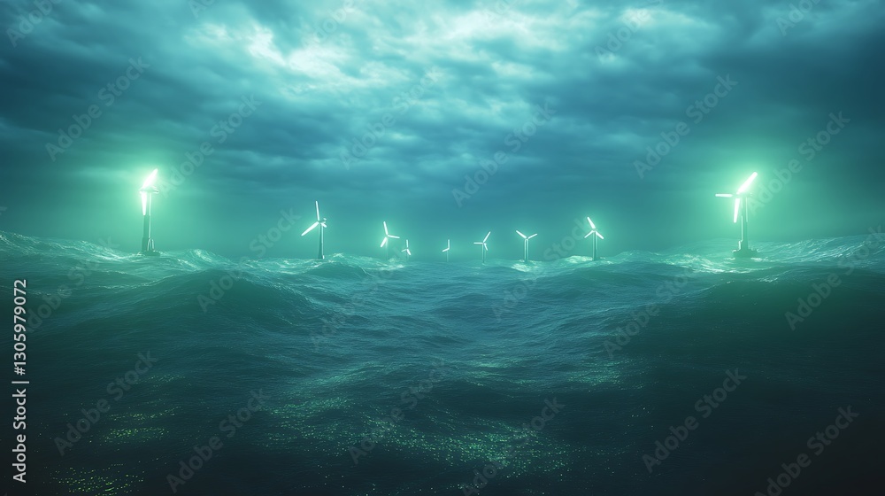 Aufkleber futuristic underwater energy farm utilizing ocean wave technology for sustainable power generation.