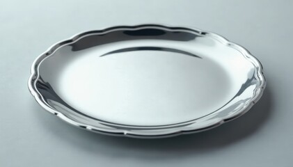 Highly polished silver plate reflecting light, displaying a mirror-like finish, object, metal