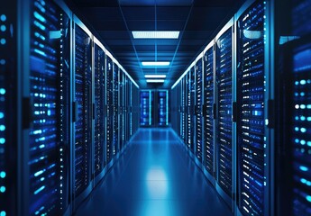 A high-tech data center with rows of illuminated server racks glowing with blue LED lights. Ideal for technology, cybersecurity, cloud computing, and network infrastructure visuals