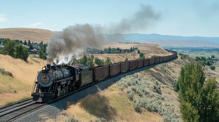 Obraz premium Vintage Steam-Powered Freight Train Intersecting Old Technology with Modern Logistics Infrastructure in a Scenic Landscape of Rolling Hills and Clear Skies