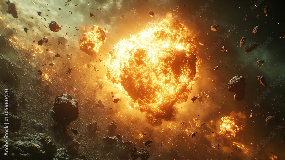 Wall mural fiery explosion among asteroids in space forming dust in outer darkness