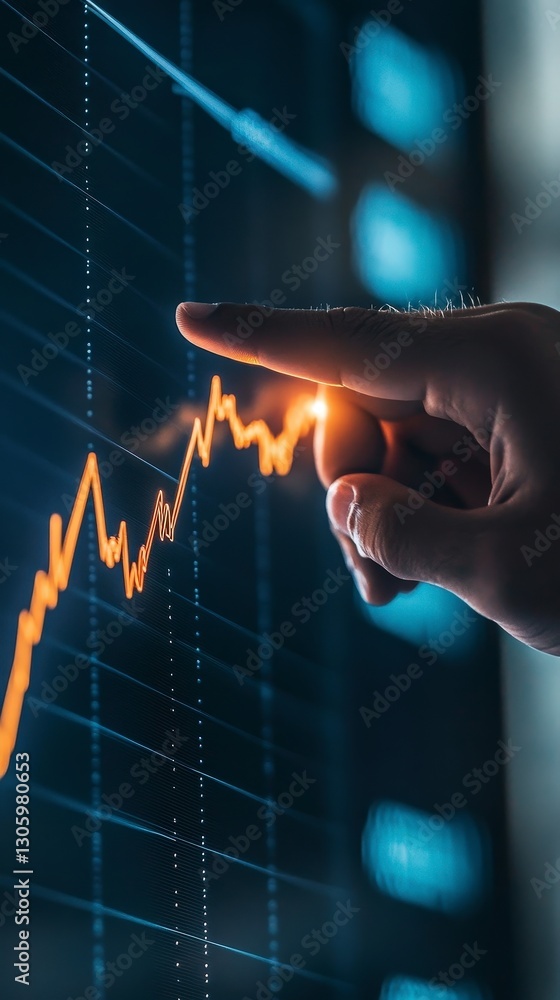 Poster hand touching data graph on screen with rising trend visualization