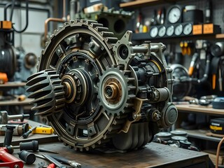 Fototapeta premium In a workshop, a gear-driven engine showcases precision engineering. Tools, metal parts, and transmission highlight craftsmanship